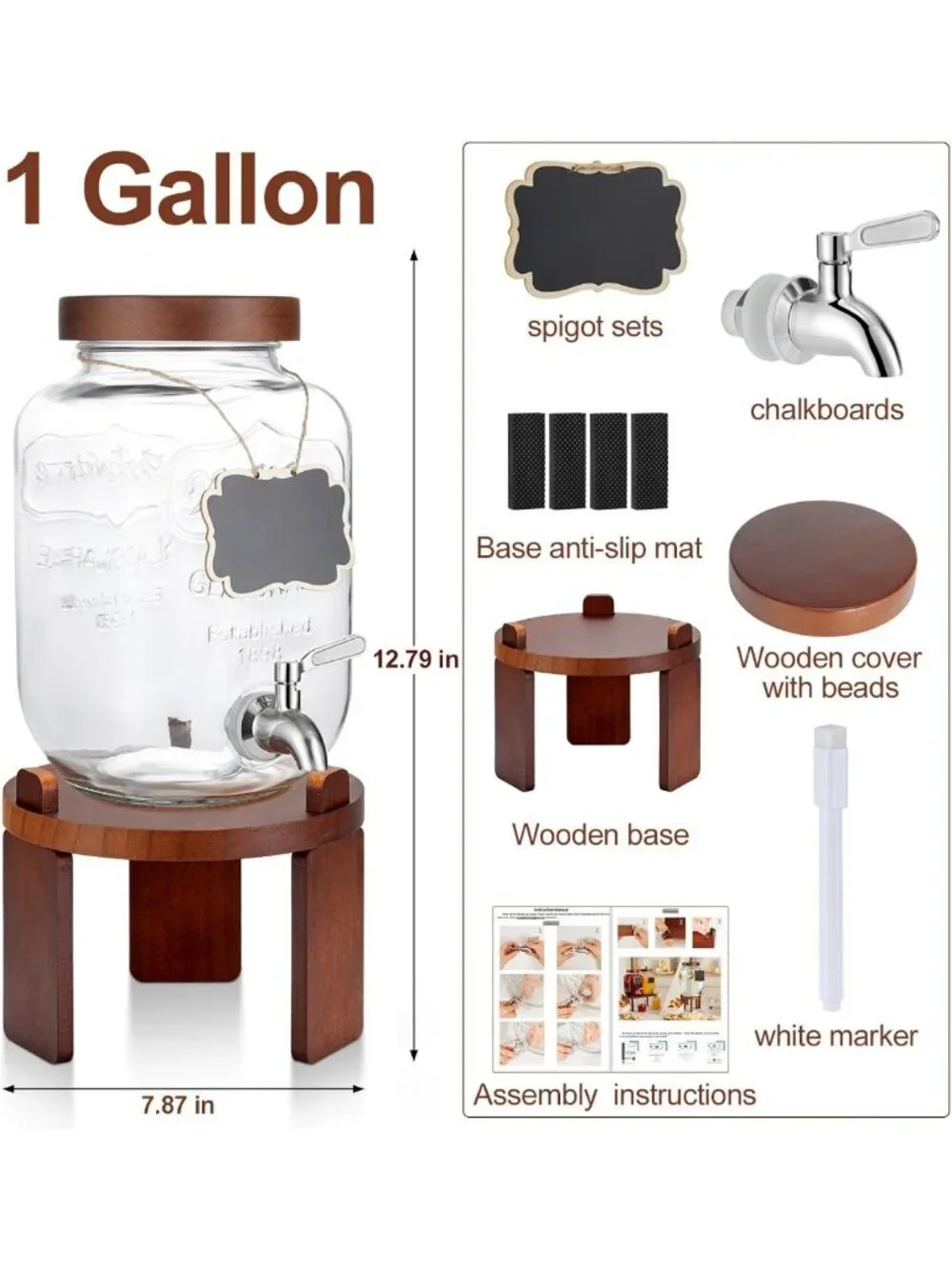 1 Gallon Glass Beverage Dispenser with Stand & Stainless Steel Spigot - Perfect